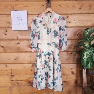 Dolce Viva Midi Dress Cream Floral Rose Chiffon Sheer Puff Sleeves Ruffle Size S